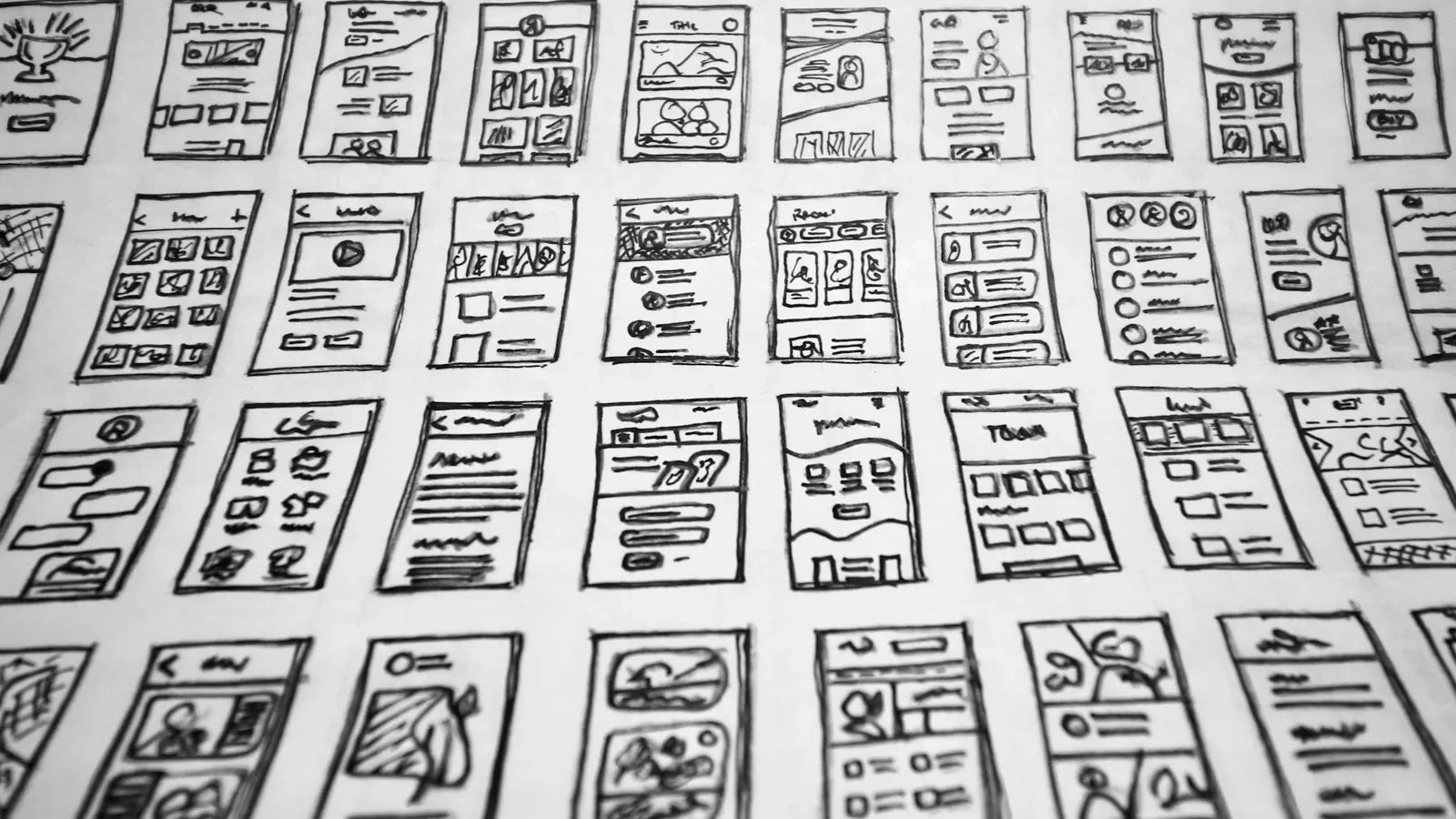 Hand-drawn mobile interface wireframes arranged on a sheet of paper.