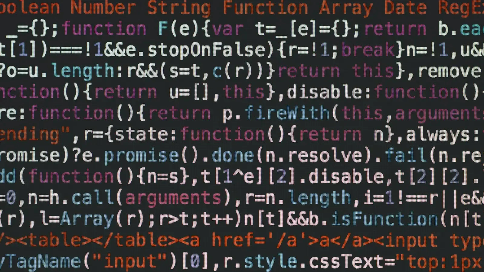 Lines of colorful JavaScript code displayed on a dark screen.