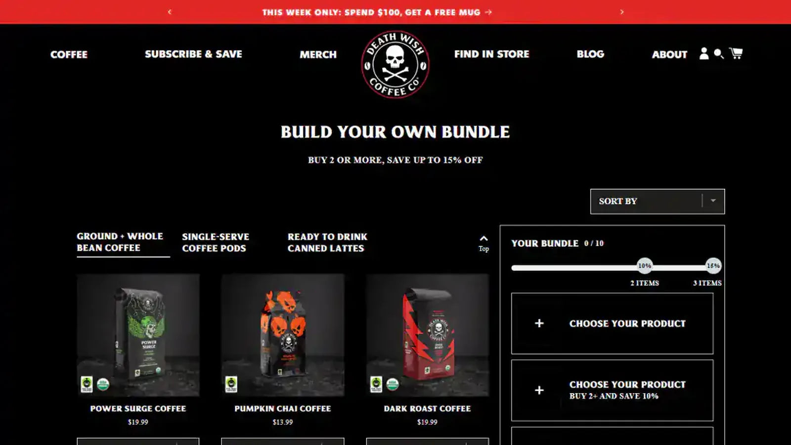 Death Wish Coffee bundle builder — genuine desktop storefront capture from the project portfolio.