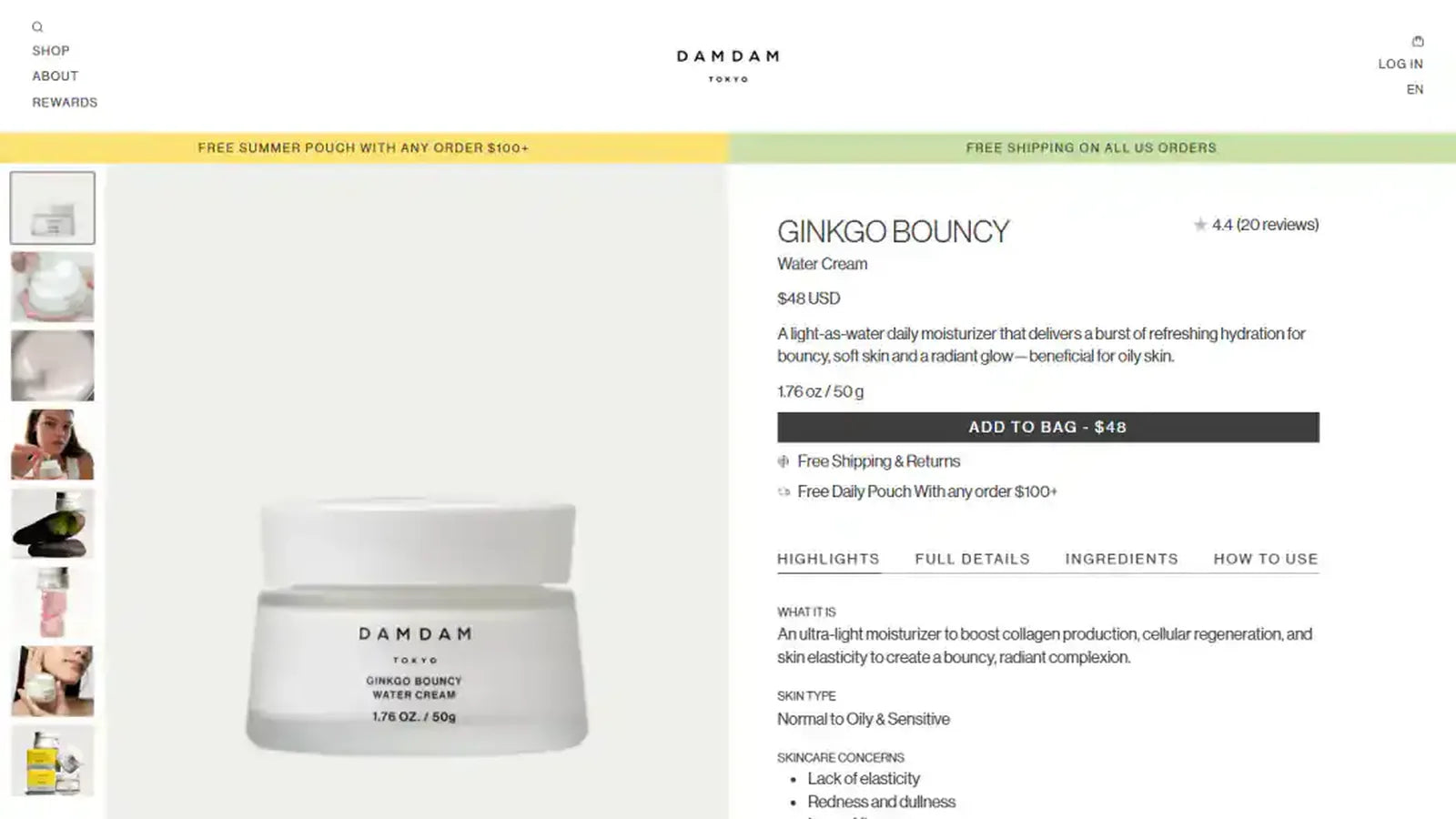 DAMDAM Tokyo product page — genuine desktop storefront capture from the project portfolio.