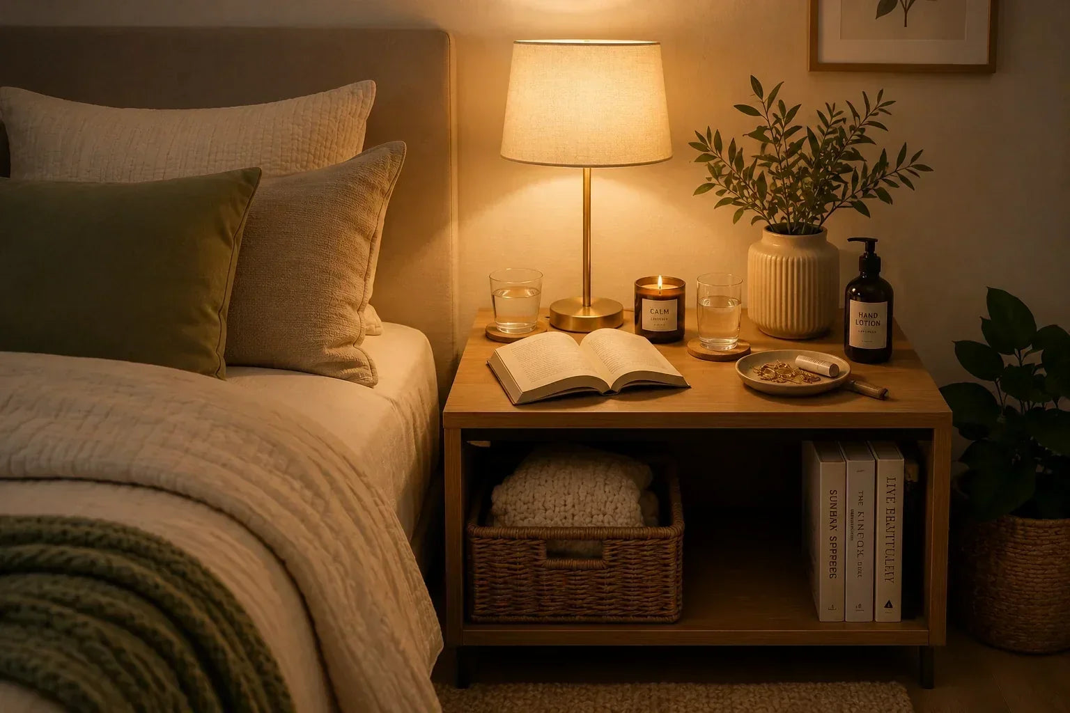 A cozy bedroom with a bedside table, book, warm lighting, and a neatly organized nighttime setup for a relaxing evening routine.