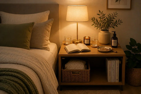 A cozy bedroom with a bedside table, book, warm lighting, and a neatly organized nighttime setup for a relaxing evening routine.