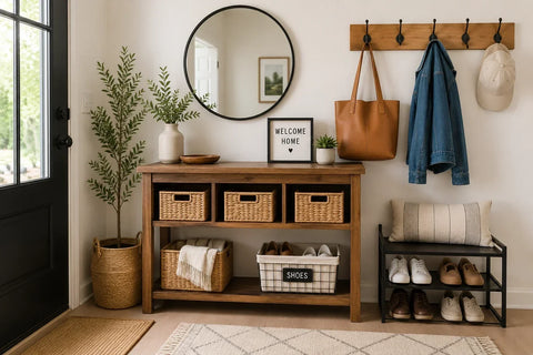 Organized entryway with keys, storage tray, hooks, and neatly arranged everyday essentials.