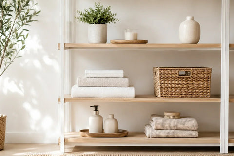 Organized home shelf featuring a few practical everyday products with plenty of open space, highlighting a clutter-free lifestyle.