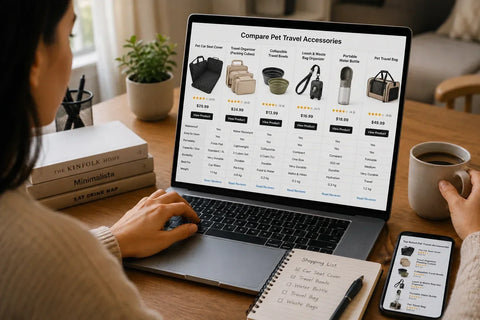 Person comparing product reviews on a laptop while shopping online with multiple products displayed on screen.