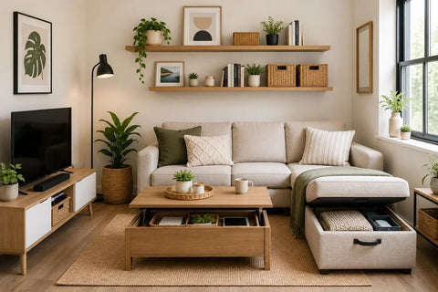 Modern small living room featuring floating shelves, woven storage baskets, and multi-functional furniture in a clutter-free space
