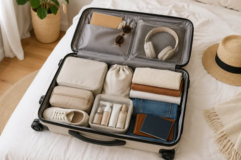 Neatly packed suitcase with organized clothing, travel essentials, and packing cubes ready for a weekend trip.