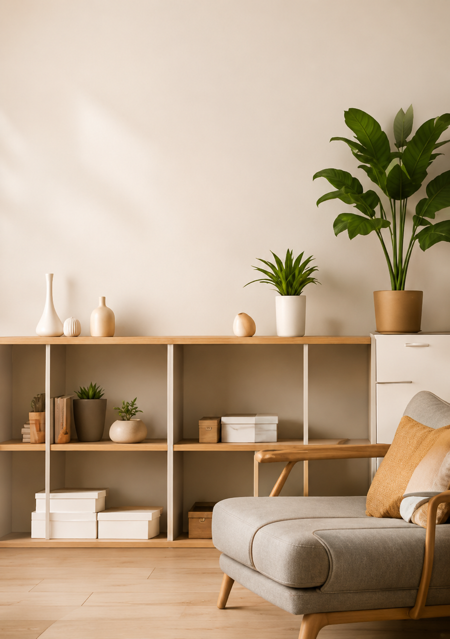 A styled interior corner with a light wood open shelving unit against a warm beige wall, holding small vases, books, boxes, and potted plants. A gray upholstered armchair with a tan pillow sits in the foreground on a light wood floor.