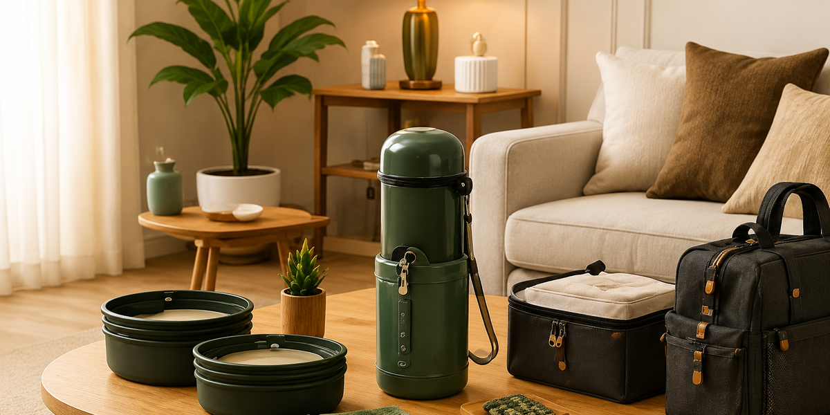 A green insulated water bottle with a black strap stands on a round wooden table in a styled living room. Nearby are black storage containers and a dark backpack, with a sofa, plants, and warm ambient lighting in the background.