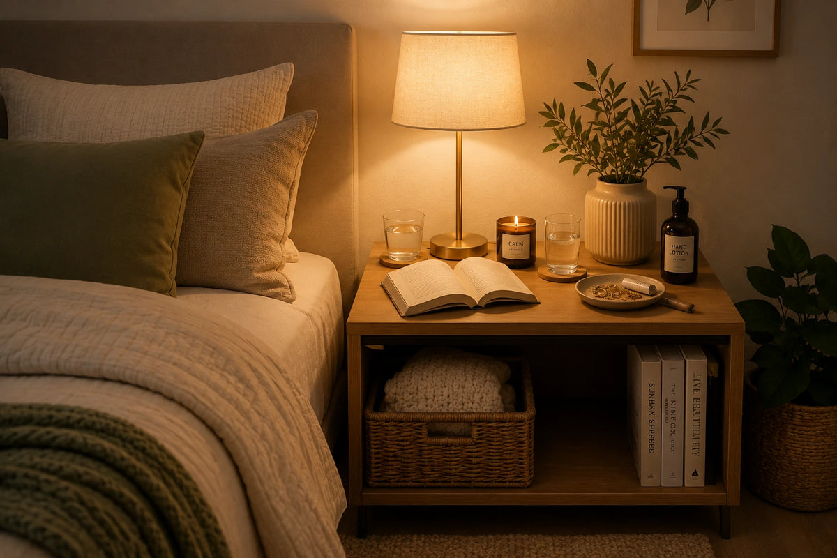 A warm, cozy bedroom scene with a wooden nightstand beside a bed. A lit table lamp, candle, books, basket, and plants sit on the nightstand, creating a soft, inviting atmosphere.
