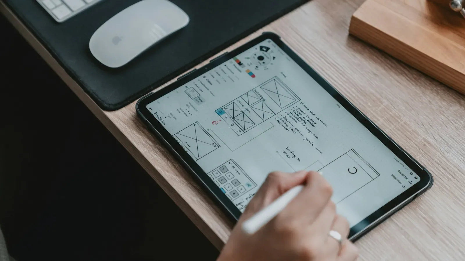 A person using a stylus on a tablet displaying wireframe sketches on a wooden desk.