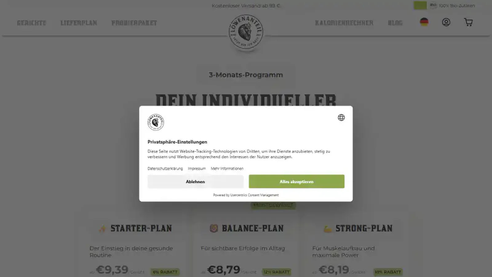 Löwenanteil subscription page — genuine desktop storefront capture from the project portfolio.