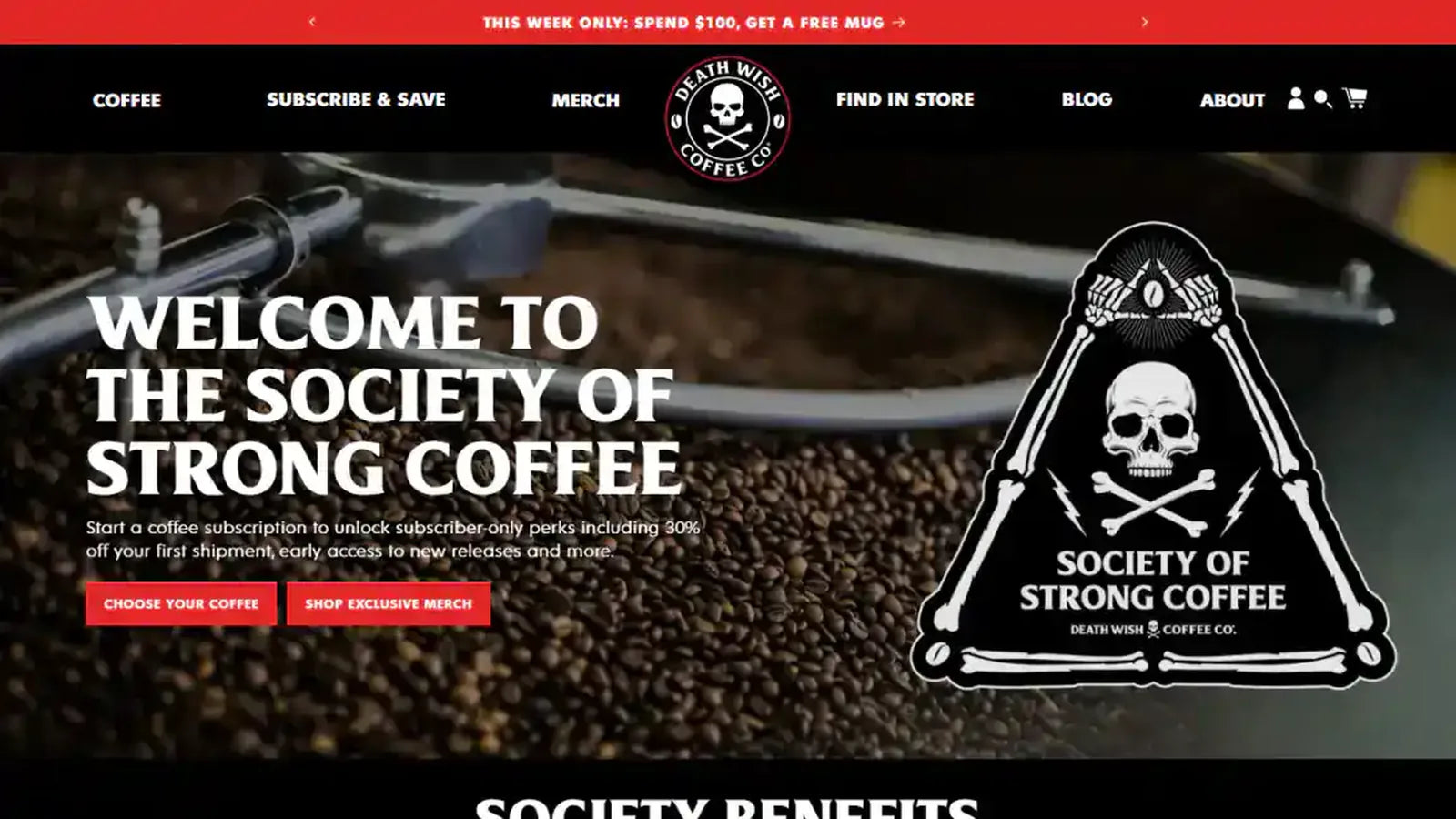 Death Wish Coffee subscription page — genuine desktop storefront capture from the project portfolio.
