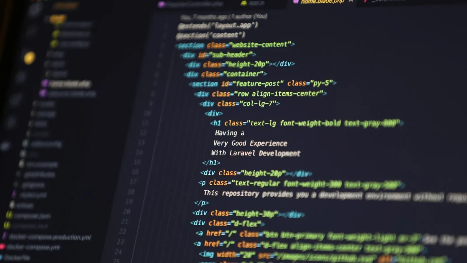 Computer screen displaying HTML code for a web development project.