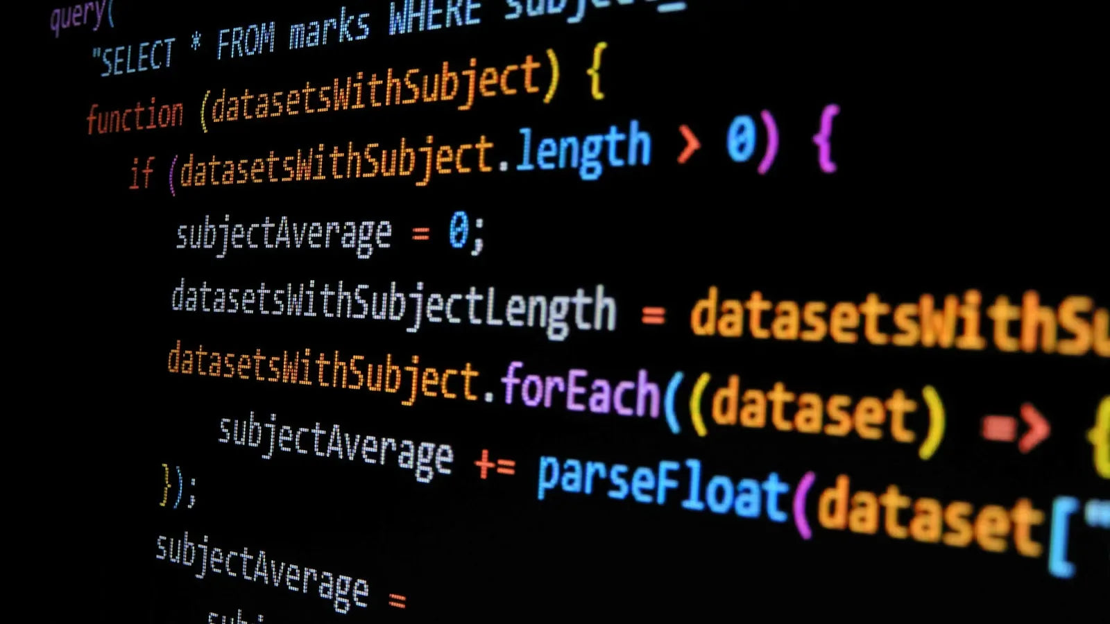 JavaScript code displayed on a dark screen with colorful syntax highlighting.
