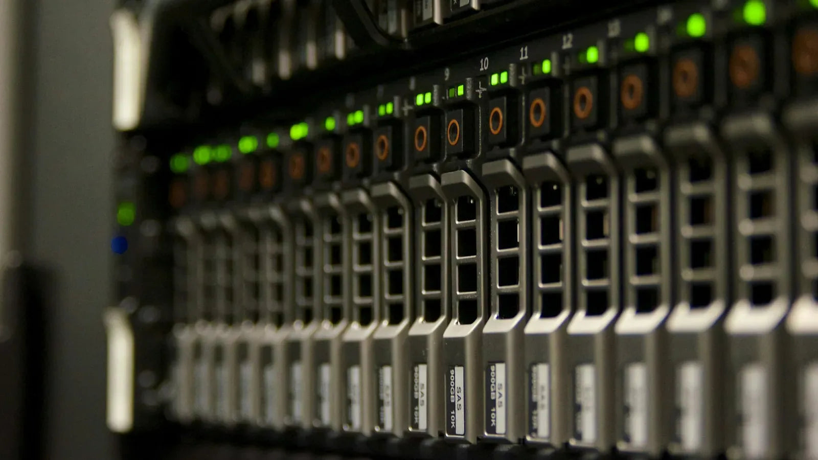 Server rack with blinking green lights.