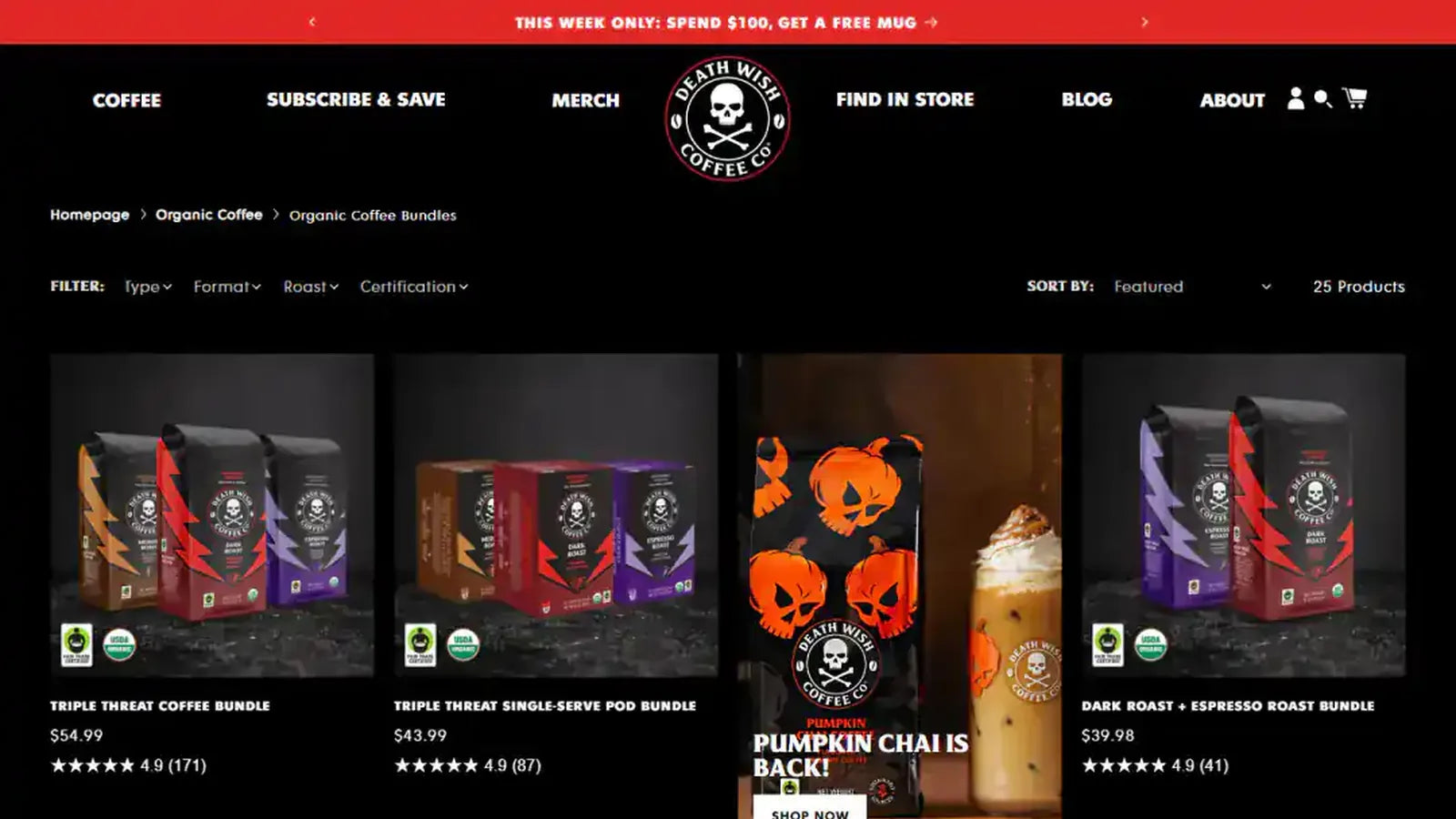 Death Wish Coffee bundle page — genuine desktop storefront capture from the project portfolio.