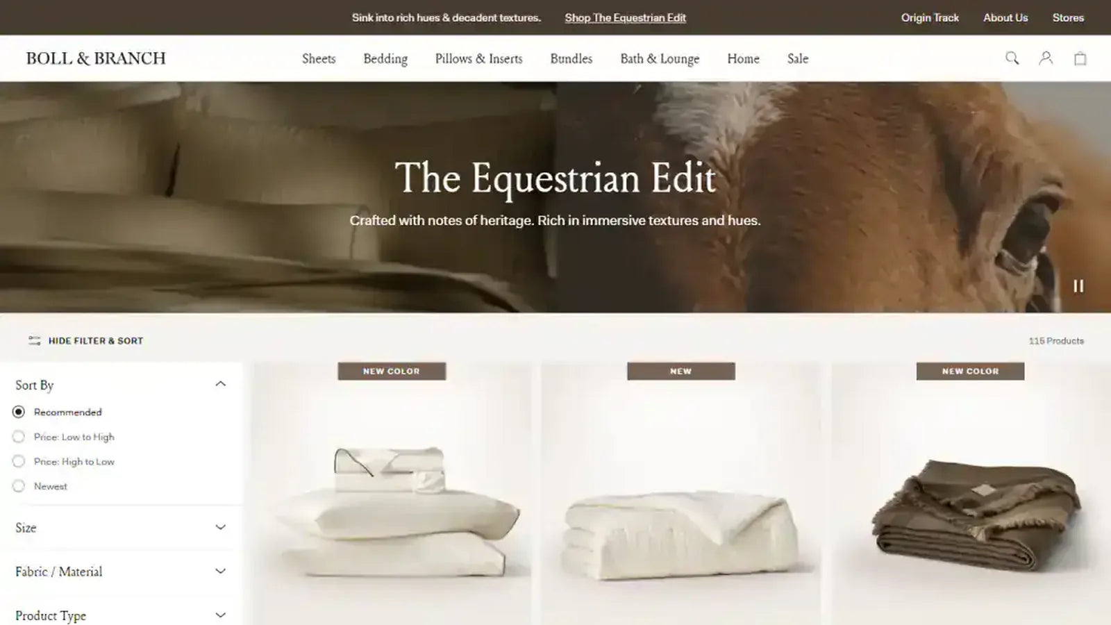 Boll & Branch collection page — genuine desktop storefront capture from the project portfolio.