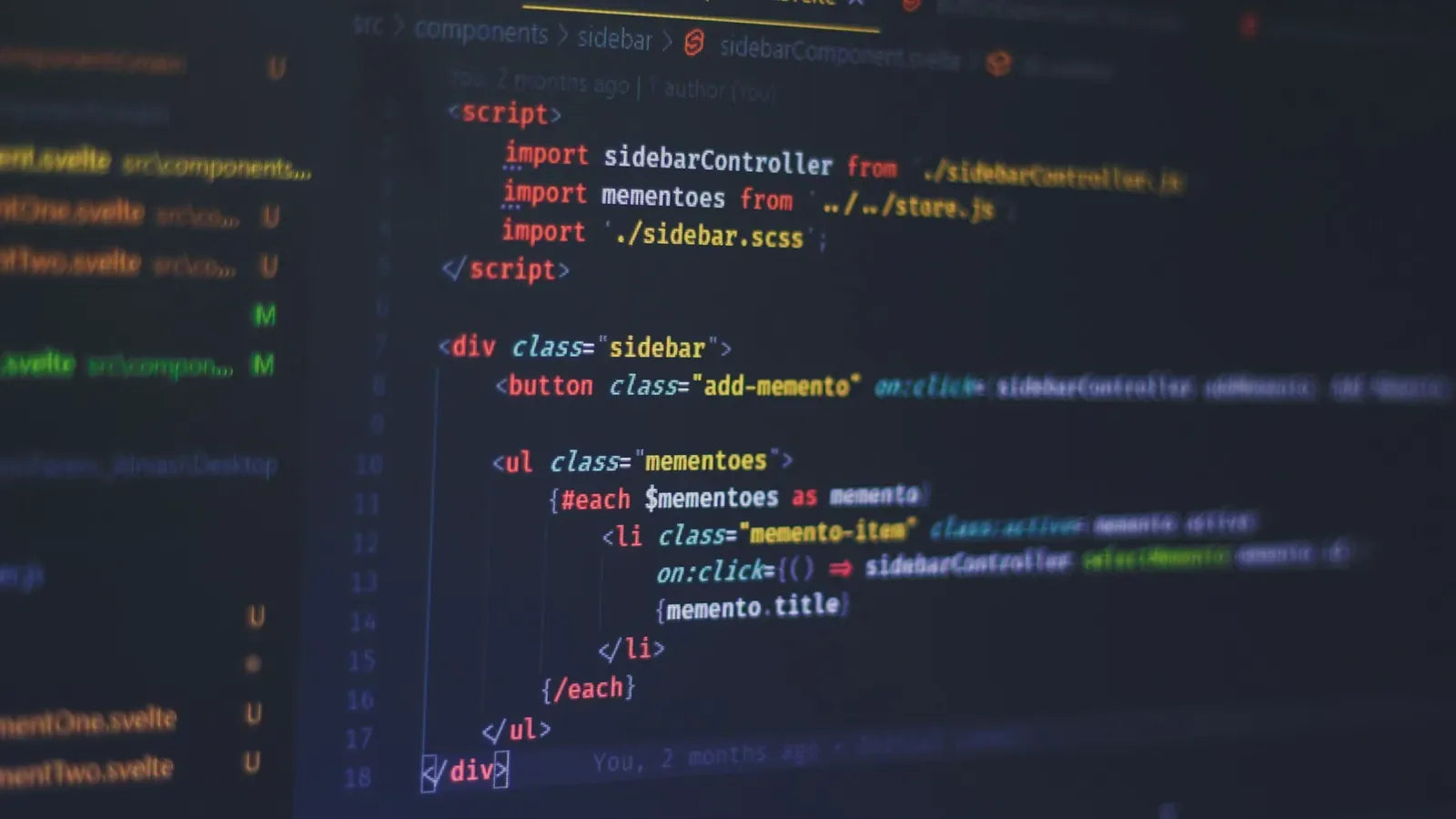Svelte code displayed on a dark computer screen in a code editor.