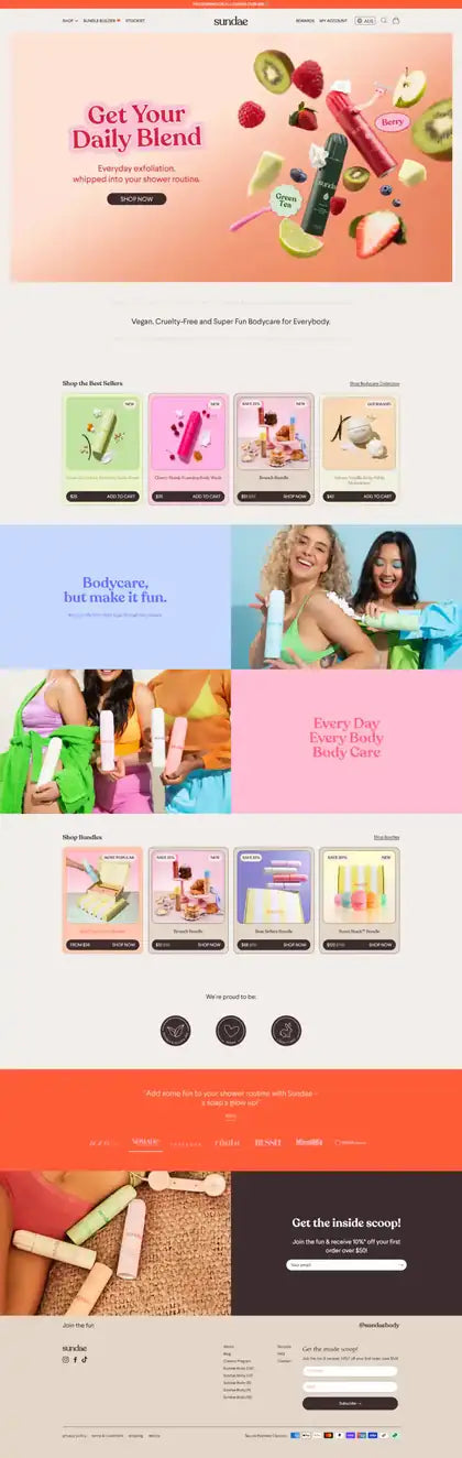 Sundae Body Shopify homepage showing product collections and brand storytelling