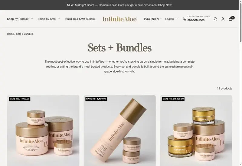 InfiniteAloe storefront collection showing skincare sets, bundles and build-your-own bundle navigation