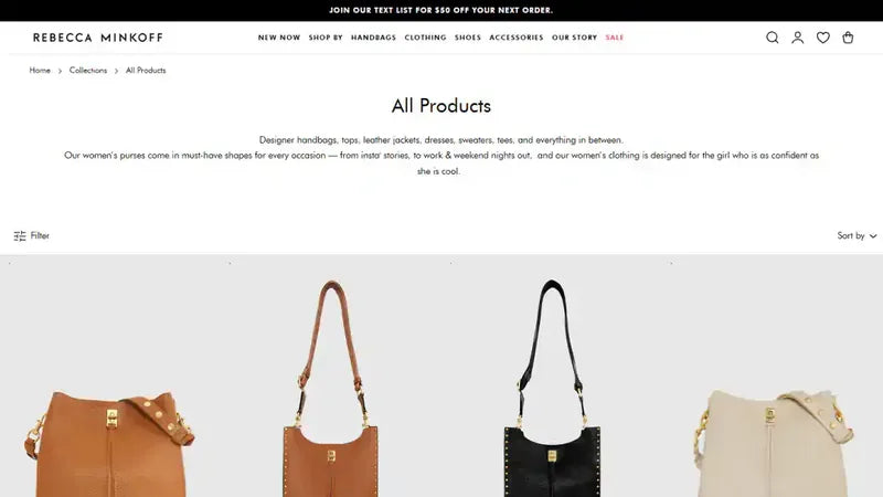 Rebecca Minkoff collection — genuine storefront screenshot from the Vivek Codes portfolio