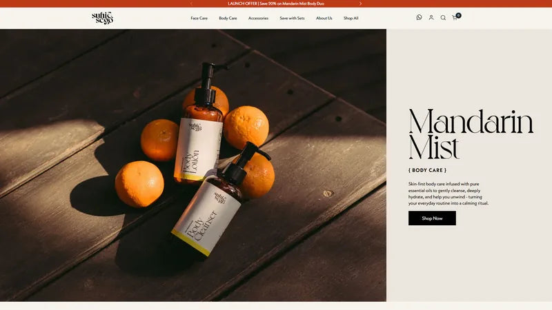 Suhi and Sego Shopify Plus storefront featuring its Mandarin Mist skincare collection