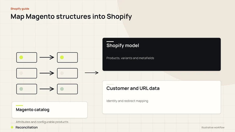 Map Magento structures into Shopify. Diagram labels: Magento catalog, Shopify model, Customer and URL data, Reconciliation.