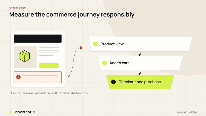 Measure the commerce journey responsibly. Diagram labels: Product view, Add to cart, Checkout and purchase, Consent and QA.