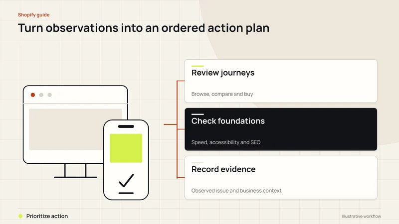 Turn observations into an ordered action plan. Diagram labels: Review journeys, Check foundations, Record evidence, Prioritize action.