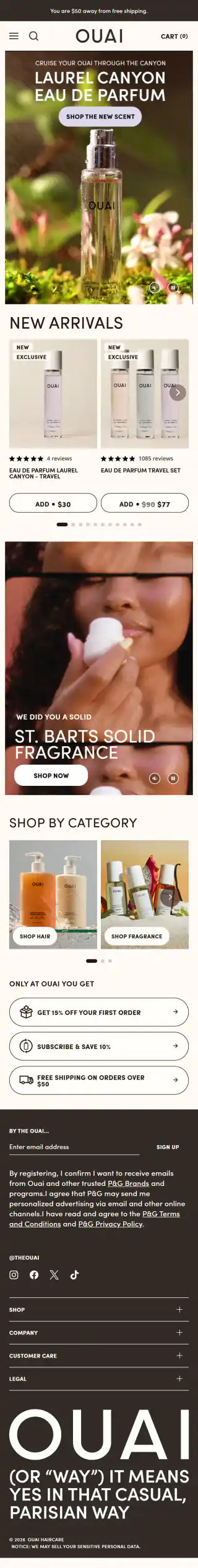 OUAI Shopify Project | Vivek Codes homepage mobile Shopify storefront capture