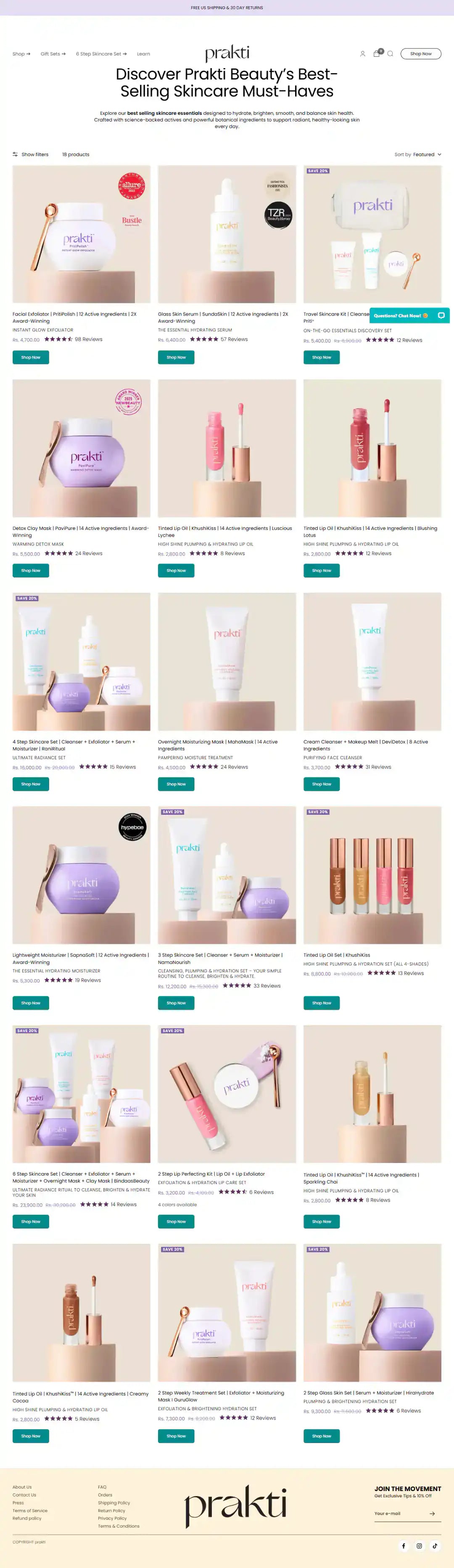 Prakti Beauty collection page storefront screenshot