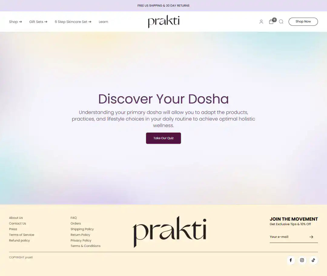 Prakti Beauty product finder page storefront screenshot