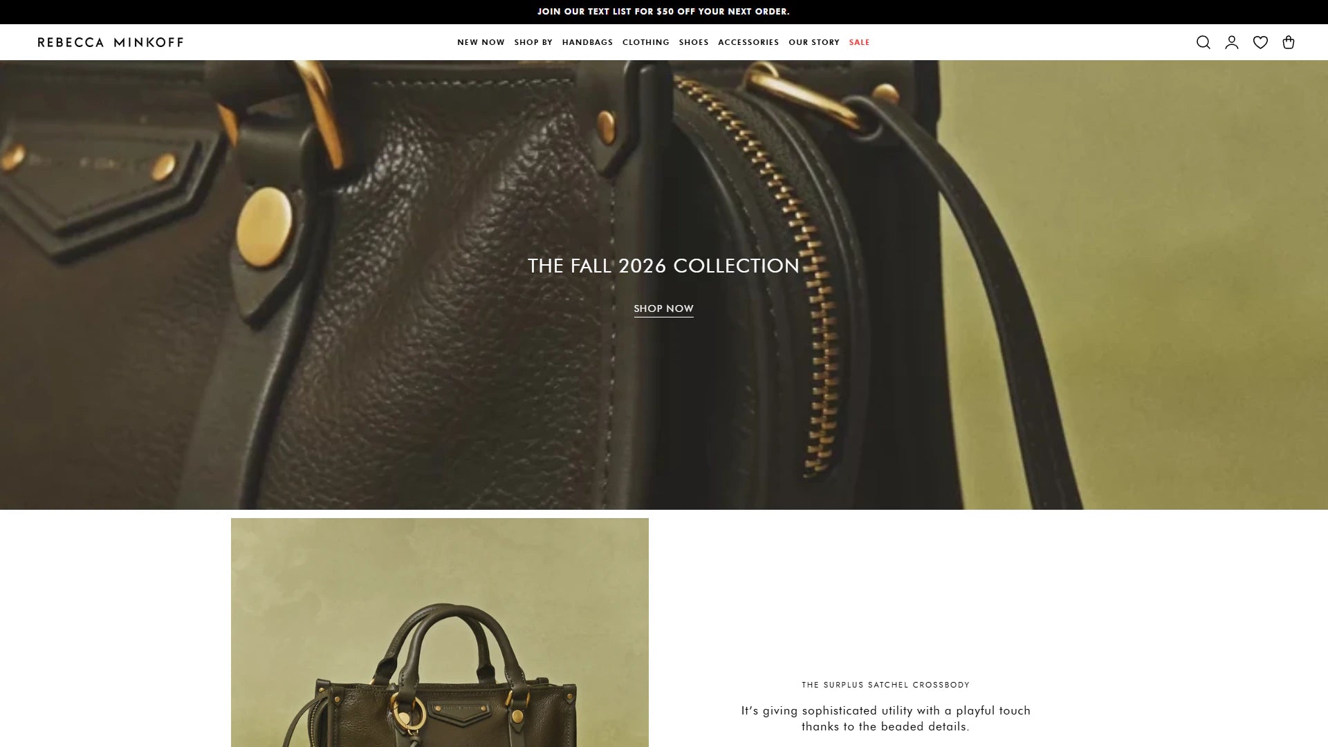 Rebecca Minkoff homepage storefront screenshot
