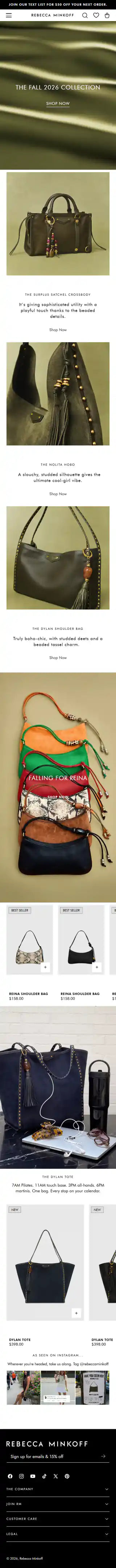 Rebecca Minkoff Shopify Project | Vivek Codes homepage mobile Shopify storefront capture