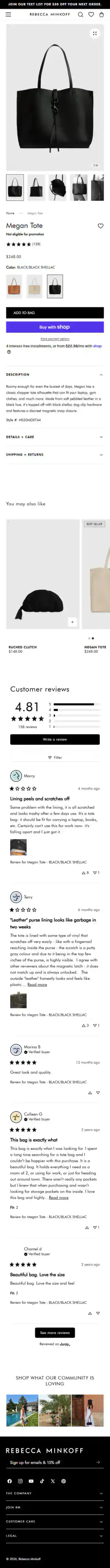 Rebecca Minkoff Shopify Project | Vivek Codes product page mobile Shopify storefront capture