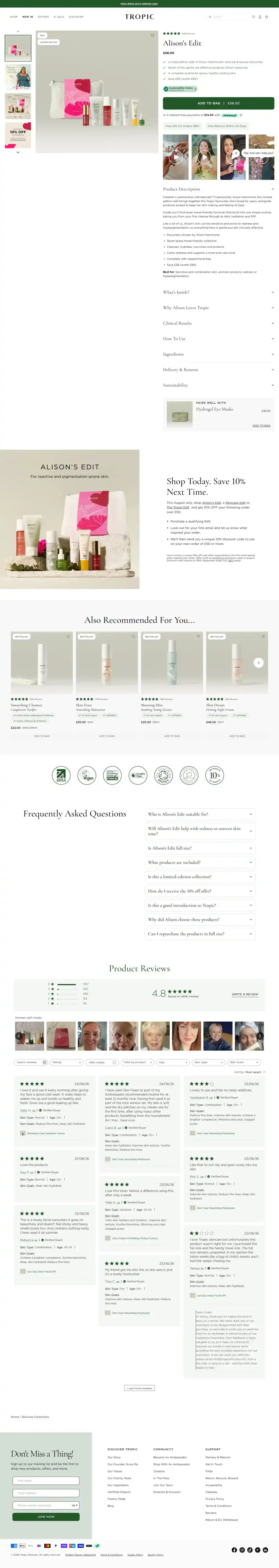 Tropic Skincare product page storefront screenshot