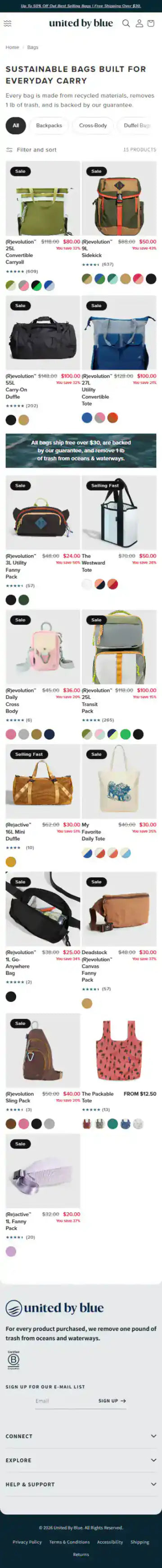 United By Blue Shopify Project | Vivek Codes collection page mobile Shopify storefront capture
