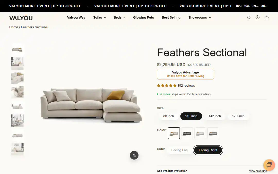 Valyou Furniture Shopify Project | Vivek Codes product page desktop Shopify storefront capture