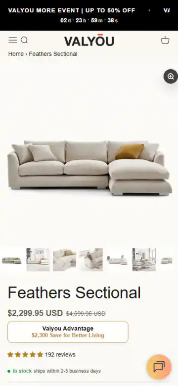 Valyou Furniture Shopify Project | Vivek Codes product page mobile Shopify storefront capture